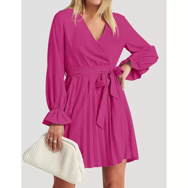 imageZESICA Womens 2023 Casual Wrap V Neck Long Sleeve Tie Waist Swing Pleated Wedding Guest Mini DressRose