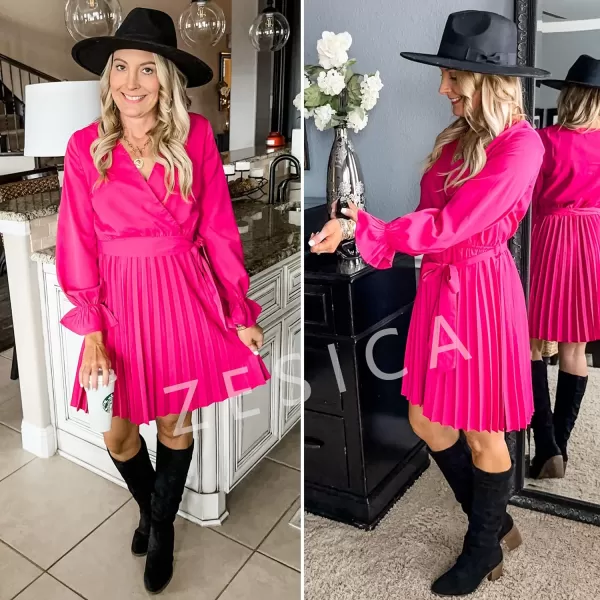 imageZESICA Womens 2023 Casual Wrap V Neck Long Sleeve Tie Waist Swing Pleated Wedding Guest Mini DressRose