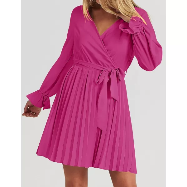 imageZESICA Womens 2023 Casual Wrap V Neck Long Sleeve Tie Waist Swing Pleated Wedding Guest Mini DressRose