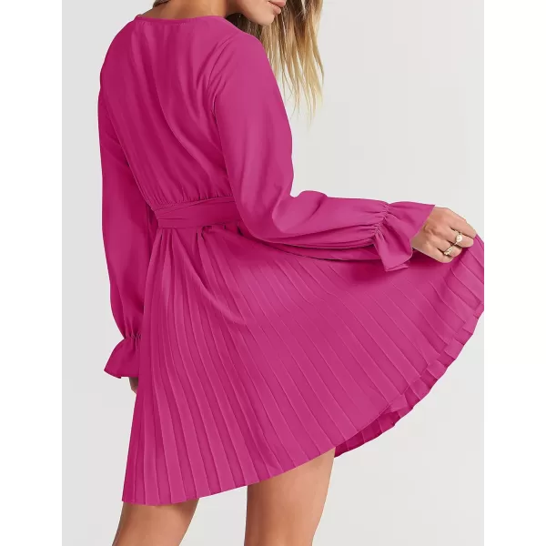 imageZESICA Womens 2023 Casual Wrap V Neck Long Sleeve Tie Waist Swing Pleated Wedding Guest Mini DressRose
