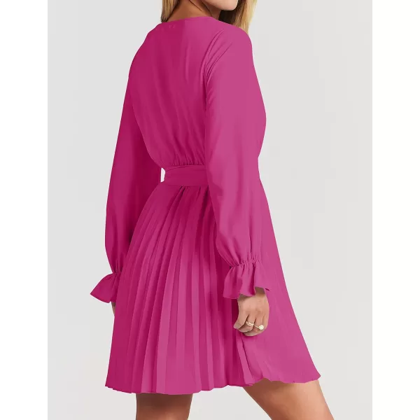 imageZESICA Womens 2023 Casual Wrap V Neck Long Sleeve Tie Waist Swing Pleated Wedding Guest Mini DressRose