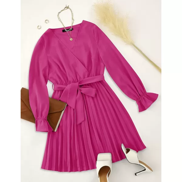 imageZESICA Womens 2023 Casual Wrap V Neck Long Sleeve Tie Waist Swing Pleated Wedding Guest Mini DressRose