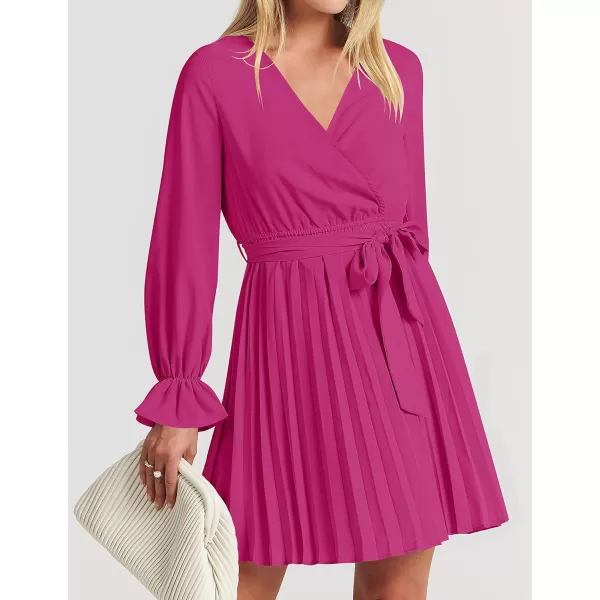 imageZESICA Womens 2023 Casual Wrap V Neck Long Sleeve Tie Waist Swing Pleated Wedding Guest Mini DressRose