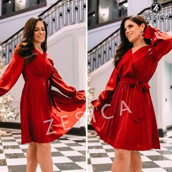 imageZESICA Womens 2023 Casual Wrap V Neck Long Sleeve Tie Waist Swing Pleated Wedding Guest Mini DressRust