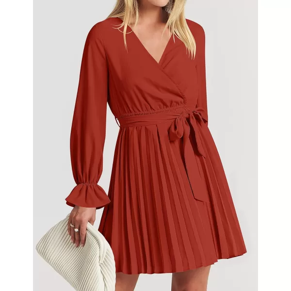 imageZESICA Womens 2023 Casual Wrap V Neck Long Sleeve Tie Waist Swing Pleated Wedding Guest Mini DressRust