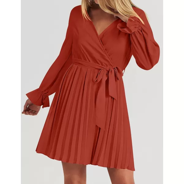 imageZESICA Womens 2023 Casual Wrap V Neck Long Sleeve Tie Waist Swing Pleated Wedding Guest Mini DressRust