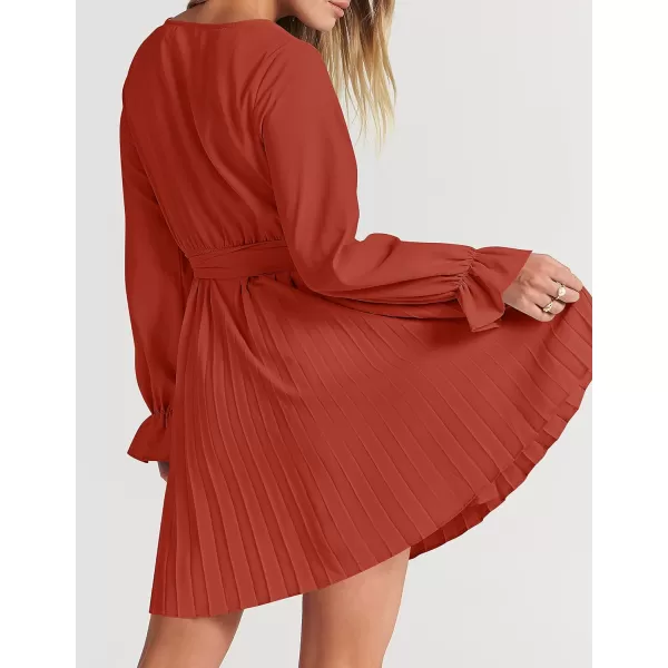 imageZESICA Womens 2023 Casual Wrap V Neck Long Sleeve Tie Waist Swing Pleated Wedding Guest Mini DressRust