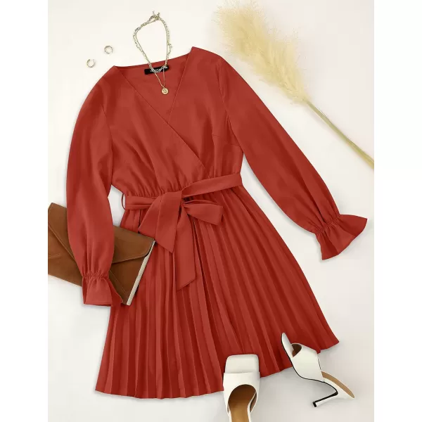 imageZESICA Womens 2023 Casual Wrap V Neck Long Sleeve Tie Waist Swing Pleated Wedding Guest Mini DressRust