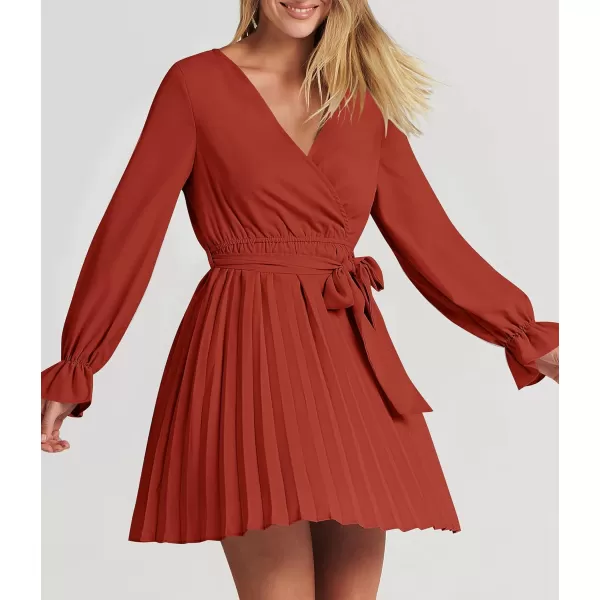 imageZESICA Womens 2023 Casual Wrap V Neck Long Sleeve Tie Waist Swing Pleated Wedding Guest Mini DressRust