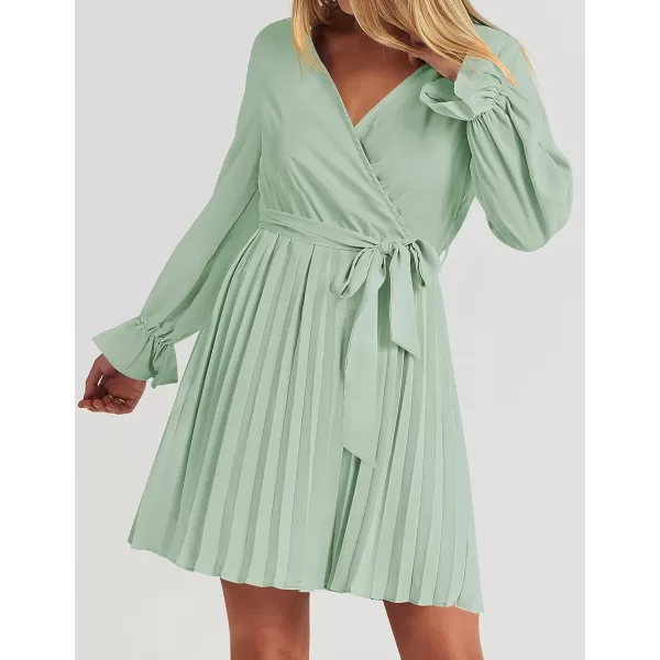imageZESICA Womens 2023 Casual Wrap V Neck Long Sleeve Tie Waist Swing Pleated Wedding Guest Mini DressSage