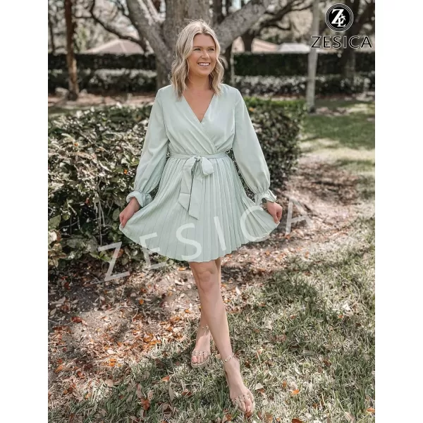 imageZESICA Womens 2023 Casual Wrap V Neck Long Sleeve Tie Waist Swing Pleated Wedding Guest Mini DressSage