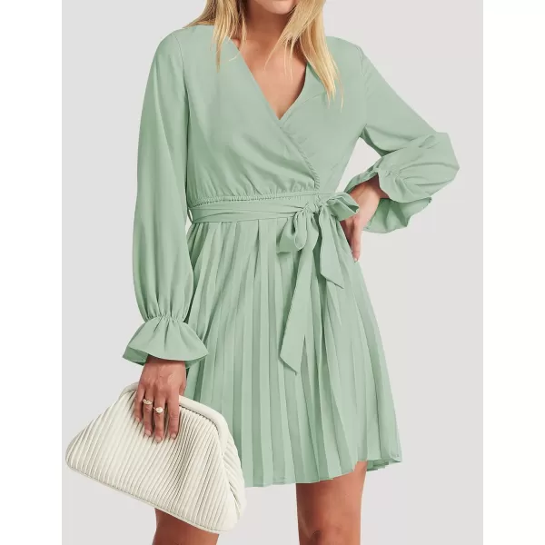imageZESICA Womens 2023 Casual Wrap V Neck Long Sleeve Tie Waist Swing Pleated Wedding Guest Mini DressSage