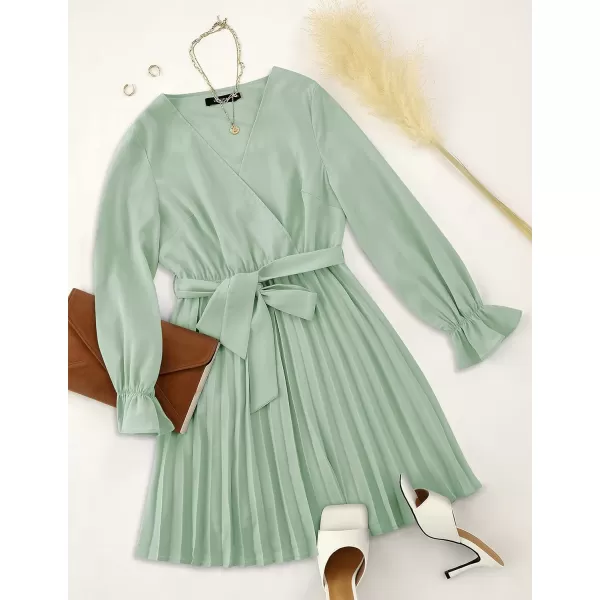imageZESICA Womens 2023 Casual Wrap V Neck Long Sleeve Tie Waist Swing Pleated Wedding Guest Mini DressSage