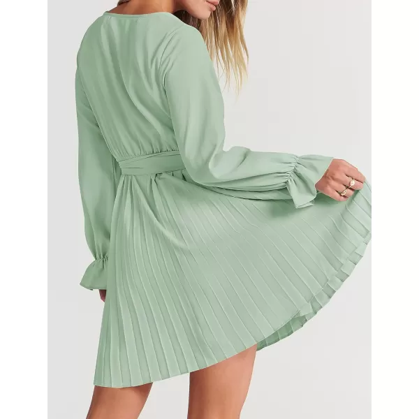 imageZESICA Womens 2023 Casual Wrap V Neck Long Sleeve Tie Waist Swing Pleated Wedding Guest Mini DressSage