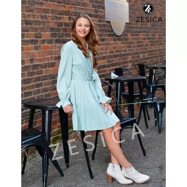imageZESICA Womens 2023 Casual Wrap V Neck Long Sleeve Tie Waist Swing Pleated Wedding Guest Mini DressSage