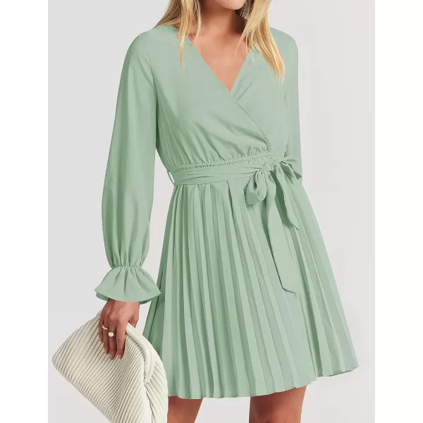 imageZESICA Womens 2023 Casual Wrap V Neck Long Sleeve Tie Waist Swing Pleated Wedding Guest Mini DressSage