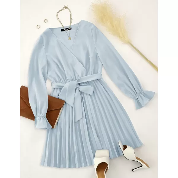 imageZESICA Womens 2023 Casual Wrap V Neck Long Sleeve Tie Waist Swing Pleated Wedding Guest Mini DressSkyblue