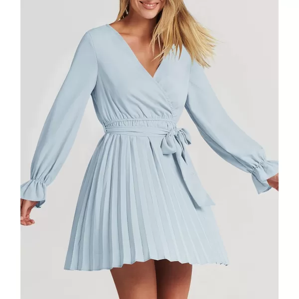 imageZESICA Womens 2023 Casual Wrap V Neck Long Sleeve Tie Waist Swing Pleated Wedding Guest Mini DressSkyblue