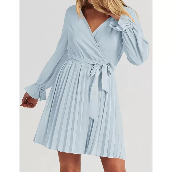 imageZESICA Womens 2023 Casual Wrap V Neck Long Sleeve Tie Waist Swing Pleated Wedding Guest Mini DressSkyblue