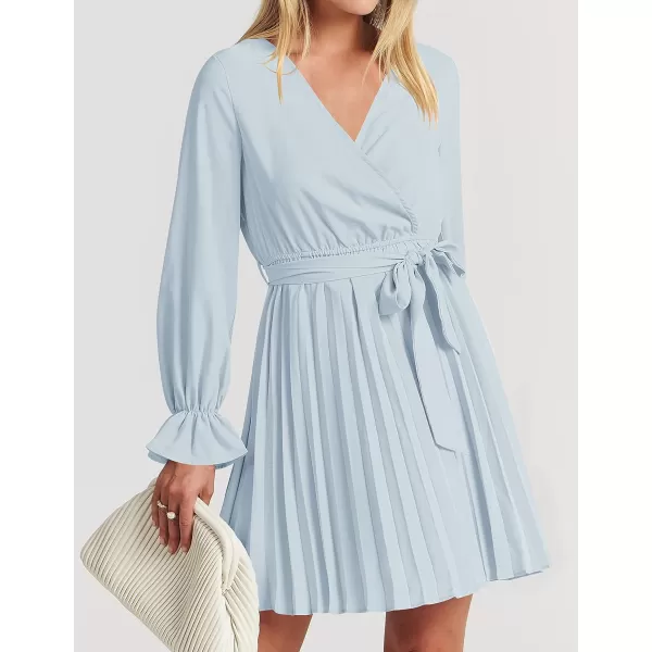 imageZESICA Womens 2023 Casual Wrap V Neck Long Sleeve Tie Waist Swing Pleated Wedding Guest Mini DressSkyblue