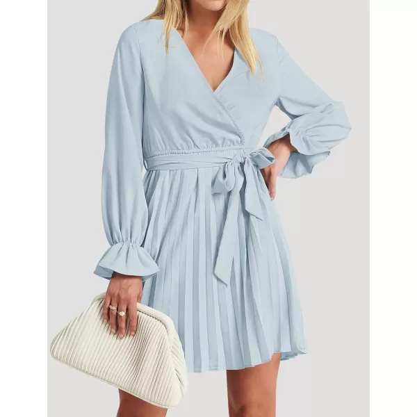 imageZESICA Womens 2023 Casual Wrap V Neck Long Sleeve Tie Waist Swing Pleated Wedding Guest Mini DressSkyblue