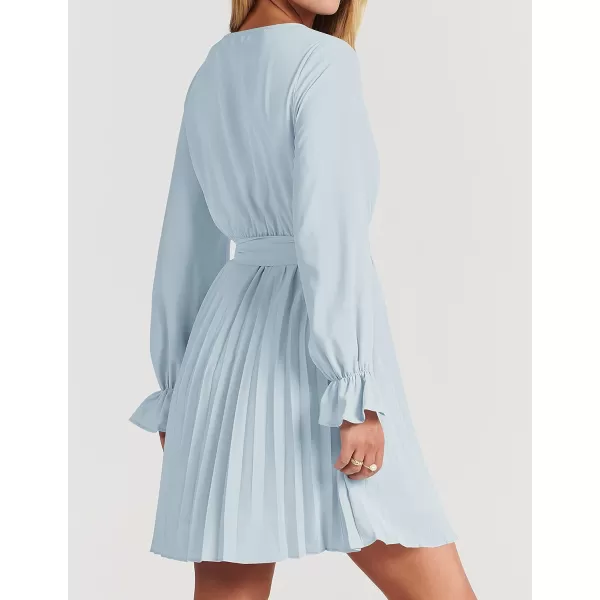 imageZESICA Womens 2023 Casual Wrap V Neck Long Sleeve Tie Waist Swing Pleated Wedding Guest Mini DressSkyblue