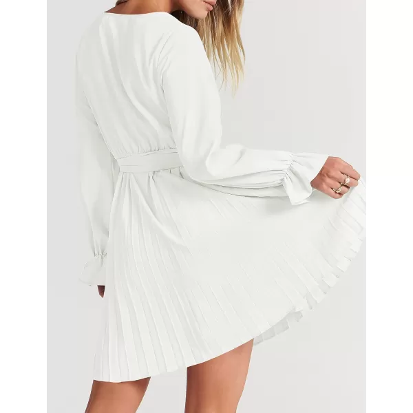 imageZESICA Womens 2023 Casual Wrap V Neck Long Sleeve Tie Waist Swing Pleated Wedding Guest Mini DressWhite
