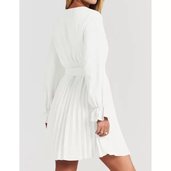 imageZESICA Womens 2023 Casual Wrap V Neck Long Sleeve Tie Waist Swing Pleated Wedding Guest Mini DressWhite