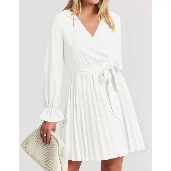 imageZESICA Womens 2023 Casual Wrap V Neck Long Sleeve Tie Waist Swing Pleated Wedding Guest Mini DressWhite