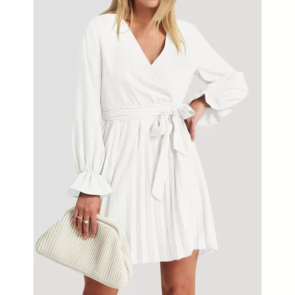 imageZESICA Womens 2023 Casual Wrap V Neck Long Sleeve Tie Waist Swing Pleated Wedding Guest Mini DressWhite