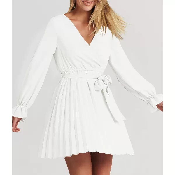 imageZESICA Womens 2023 Casual Wrap V Neck Long Sleeve Tie Waist Swing Pleated Wedding Guest Mini DressWhite
