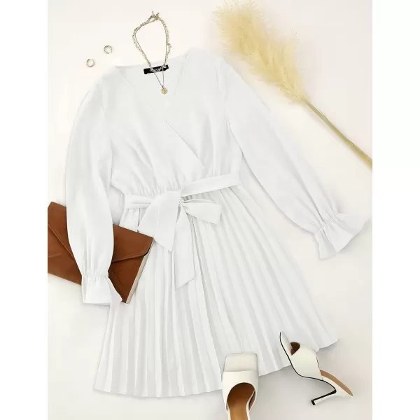 imageZESICA Womens 2023 Casual Wrap V Neck Long Sleeve Tie Waist Swing Pleated Wedding Guest Mini DressWhite
