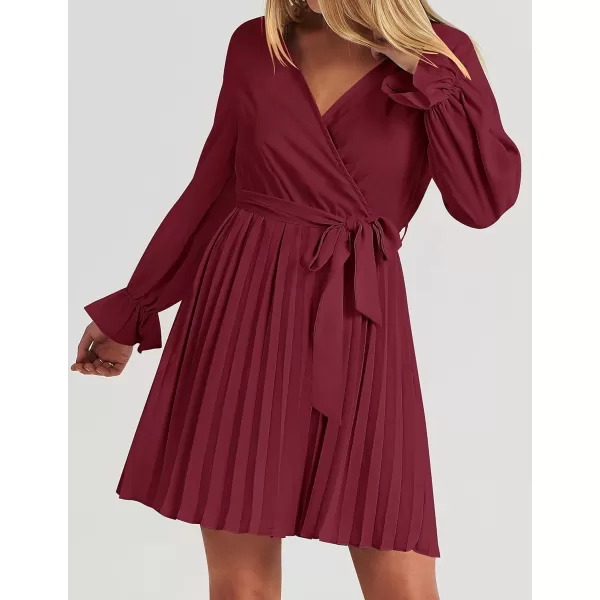 imageZESICA Womens 2023 Casual Wrap V Neck Long Sleeve Tie Waist Swing Pleated Wedding Guest Mini DressWine