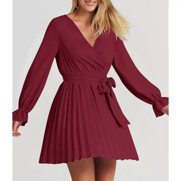 imageZESICA Womens 2023 Casual Wrap V Neck Long Sleeve Tie Waist Swing Pleated Wedding Guest Mini DressWine
