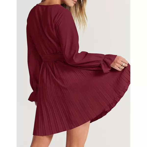 imageZESICA Womens 2023 Casual Wrap V Neck Long Sleeve Tie Waist Swing Pleated Wedding Guest Mini DressWine