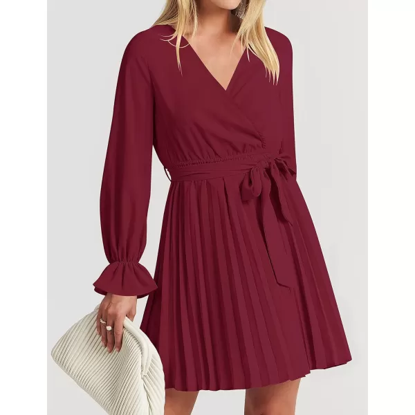 imageZESICA Womens 2023 Casual Wrap V Neck Long Sleeve Tie Waist Swing Pleated Wedding Guest Mini DressWine