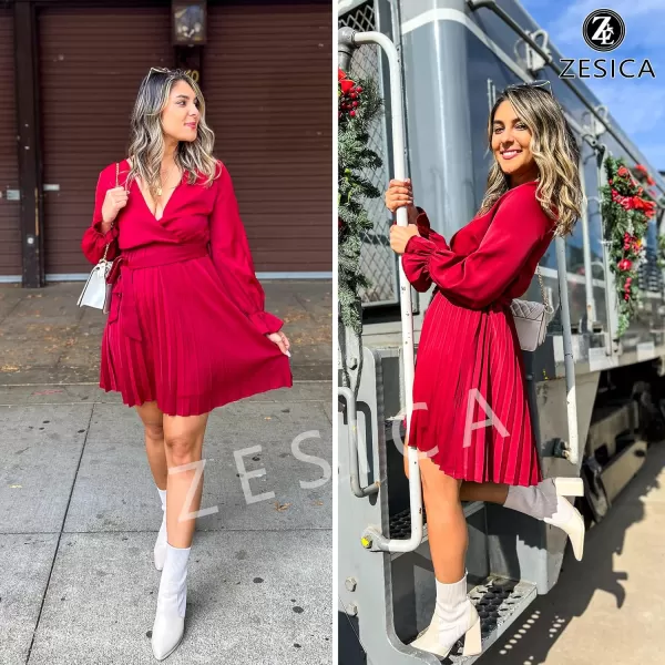 imageZESICA Womens 2023 Casual Wrap V Neck Long Sleeve Tie Waist Swing Pleated Wedding Guest Mini DressWine