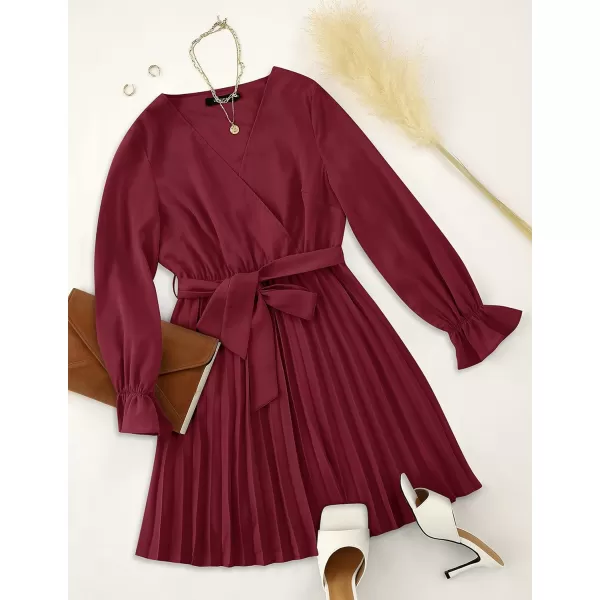 imageZESICA Womens 2023 Casual Wrap V Neck Long Sleeve Tie Waist Swing Pleated Wedding Guest Mini DressWine