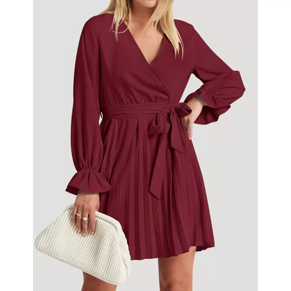 imageZESICA Womens 2023 Casual Wrap V Neck Long Sleeve Tie Waist Swing Pleated Wedding Guest Mini DressWine