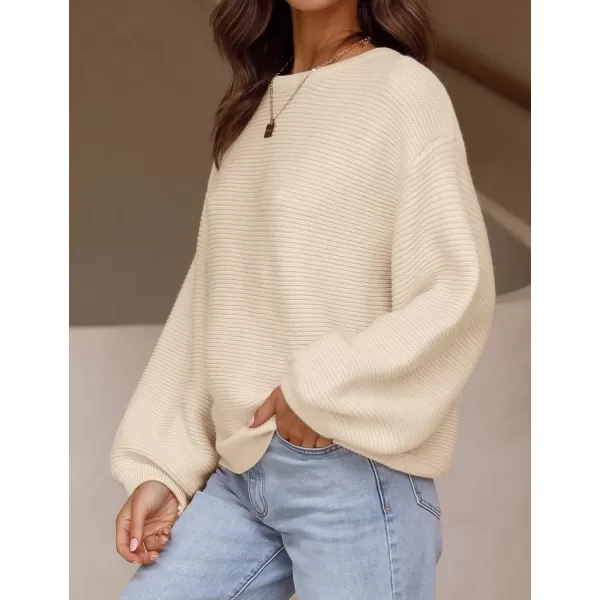 imageZESICA Womens 2023 Crew Neck Long Lantern Sleeve Casual Loose Ribbed Knit Solid Soft Pullover Sweater TopsApricot