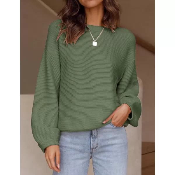 imageZESICA Womens 2023 Crew Neck Long Lantern Sleeve Casual Loose Ribbed Knit Solid Soft Pullover Sweater TopsArmygreen