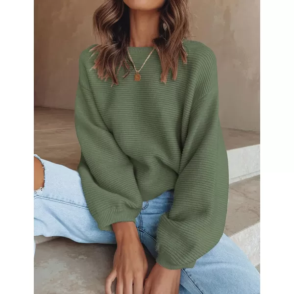imageZESICA Womens 2023 Crew Neck Long Lantern Sleeve Casual Loose Ribbed Knit Solid Soft Pullover Sweater TopsArmygreen