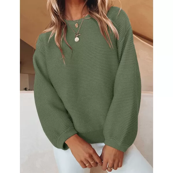 imageZESICA Womens 2023 Crew Neck Long Lantern Sleeve Casual Loose Ribbed Knit Solid Soft Pullover Sweater TopsArmygreen