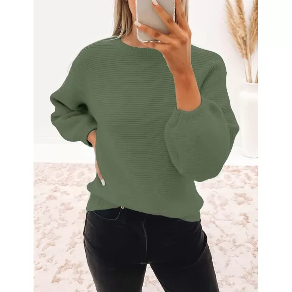 imageZESICA Womens 2023 Crew Neck Long Lantern Sleeve Casual Loose Ribbed Knit Solid Soft Pullover Sweater TopsArmygreen