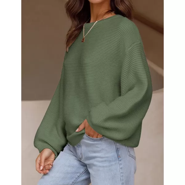 imageZESICA Womens 2023 Crew Neck Long Lantern Sleeve Casual Loose Ribbed Knit Solid Soft Pullover Sweater TopsArmygreen