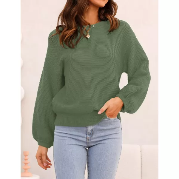 imageZESICA Womens 2023 Crew Neck Long Lantern Sleeve Casual Loose Ribbed Knit Solid Soft Pullover Sweater TopsArmygreen