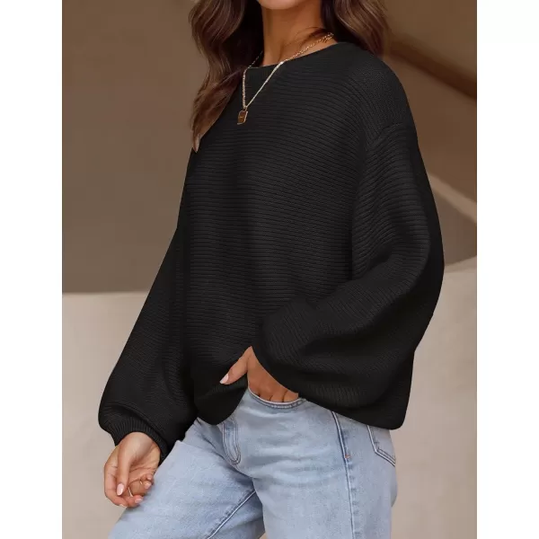 imageZESICA Womens 2023 Crew Neck Long Lantern Sleeve Casual Loose Ribbed Knit Solid Soft Pullover Sweater TopsBlack