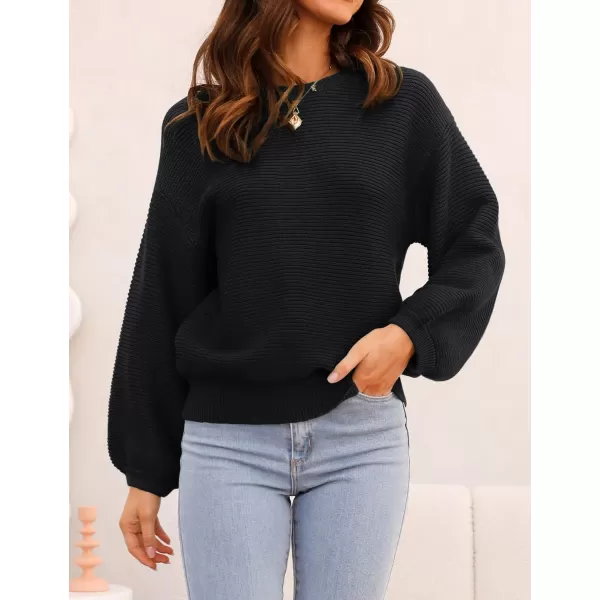 imageZESICA Womens 2023 Crew Neck Long Lantern Sleeve Casual Loose Ribbed Knit Solid Soft Pullover Sweater TopsBlack