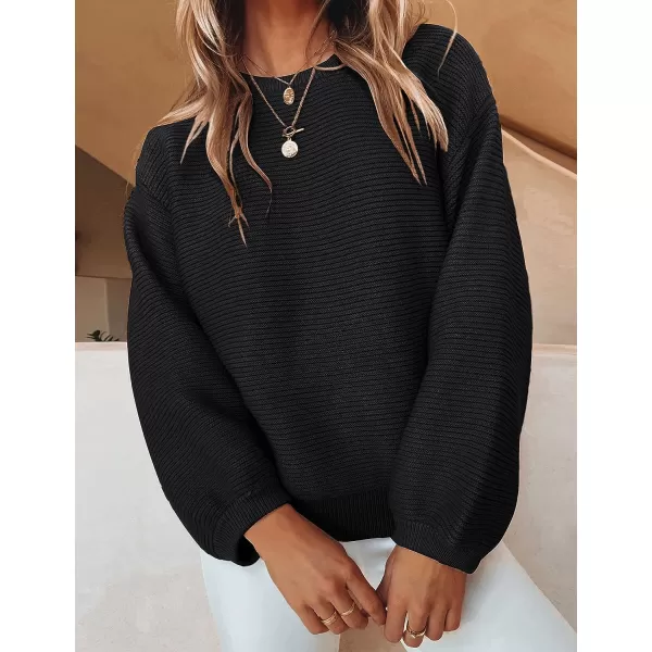imageZESICA Womens 2023 Crew Neck Long Lantern Sleeve Casual Loose Ribbed Knit Solid Soft Pullover Sweater TopsBlack
