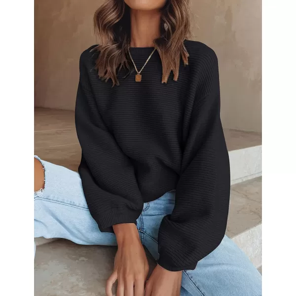 imageZESICA Womens 2023 Crew Neck Long Lantern Sleeve Casual Loose Ribbed Knit Solid Soft Pullover Sweater TopsBlack